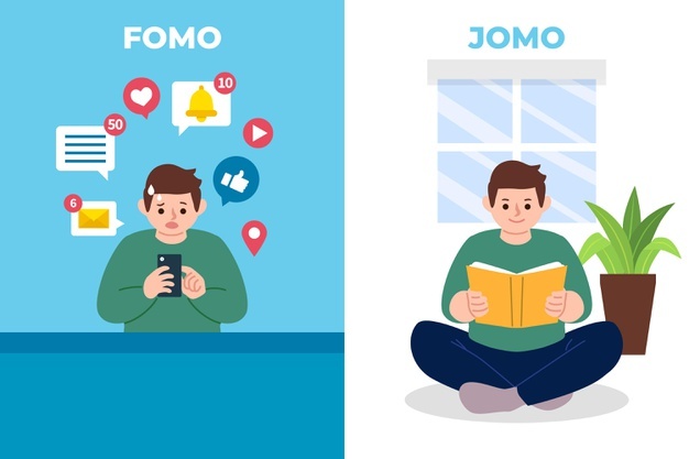 Comparison of two men, one suffering from FOMO, the other enjoying JOMO