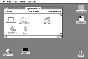 Apple's skeuomorphic design was the California Roll of the personal computer. "Apple Macintosh Desktop" by unknown. (Image Credit: Wikipedia)