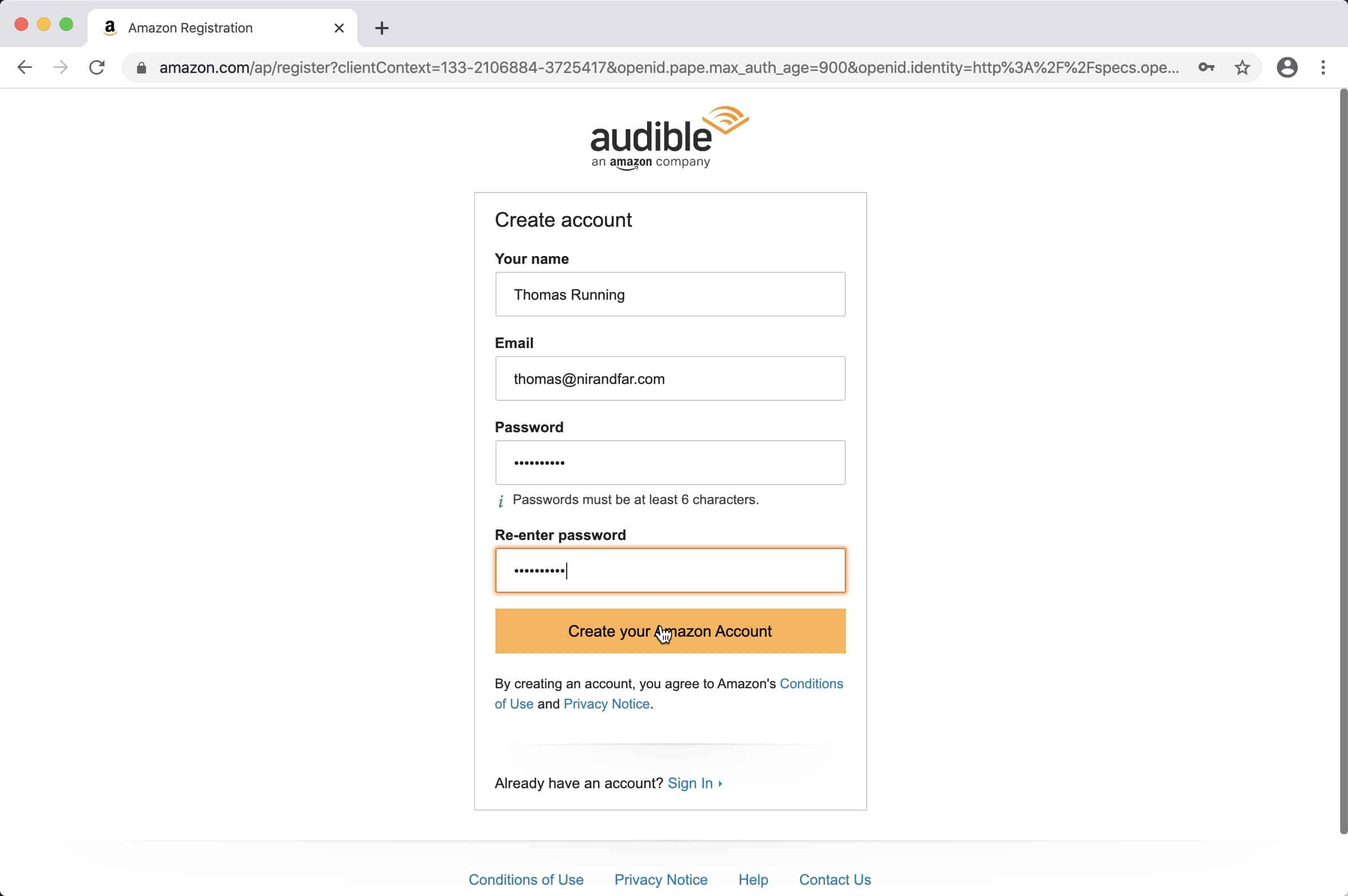 Complete the form, then click Create your Amazon Account 