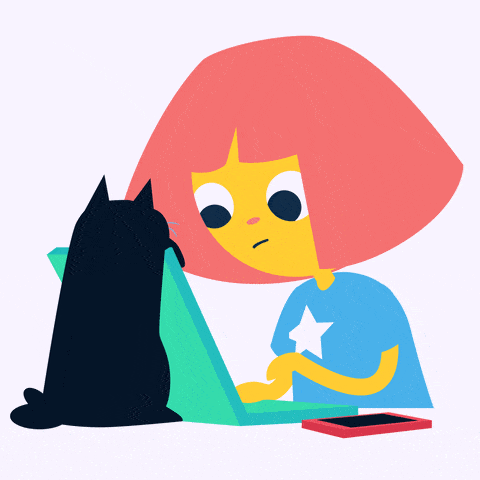 animation of woman typing while distracted by phone and cat
