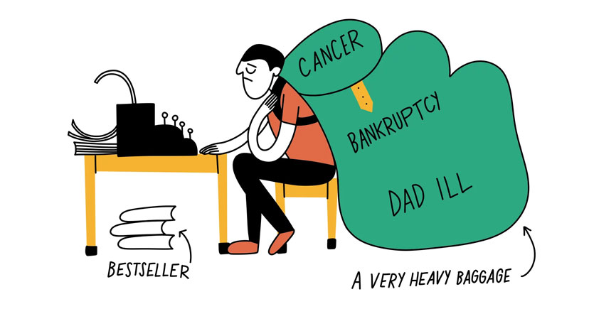 illustration of the author suffering under the weight of three loads on his back: his cancer, his bankruptcy, and his father’s illness.