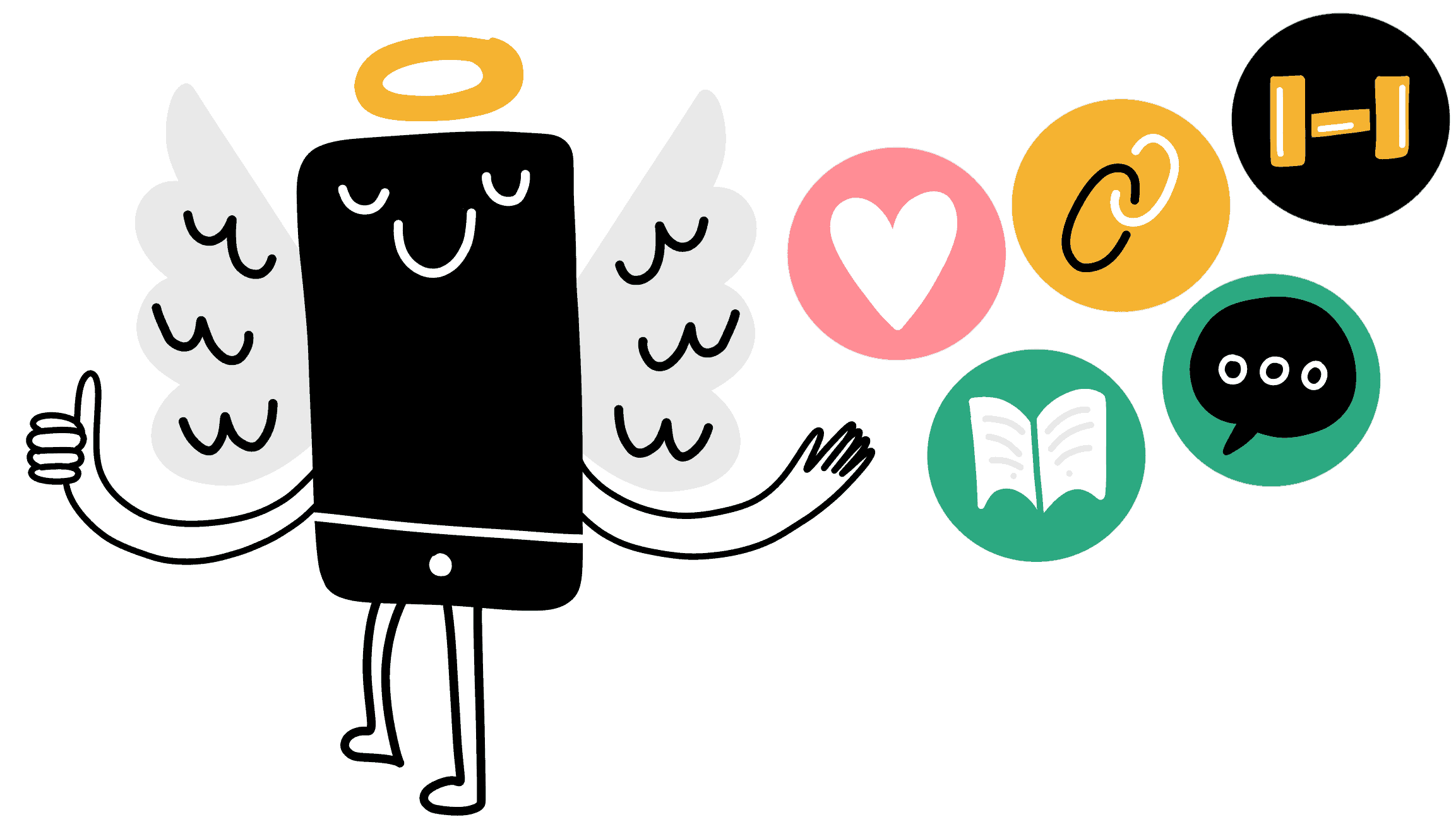 Illustration of a cartoon angle smartphone emanating small icons representing the benefits of technology apps: dating, maintaining friendships, reading, exercising, and socializing.