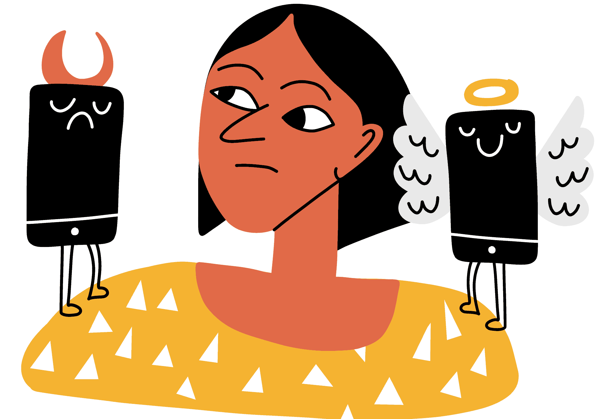 Illustration of a woman focusing on a cartoon devil on one shoulder instead of the angel on the other shoulder, referring to the concept of negativity bias where one is more likely to pay attention to negative effects than positive ones.