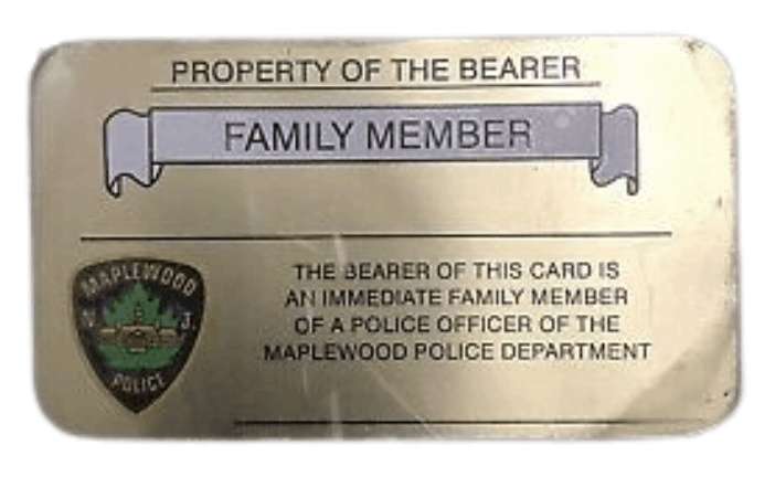 A card provided to police officers’ family members, indicating their special status, to get special treatment.