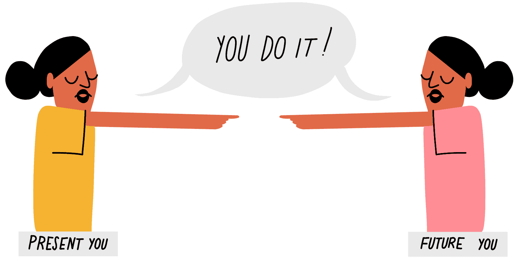 Two people, representing present-you and future-you, each telling the other to do a task they’d prefer not to do themselves.