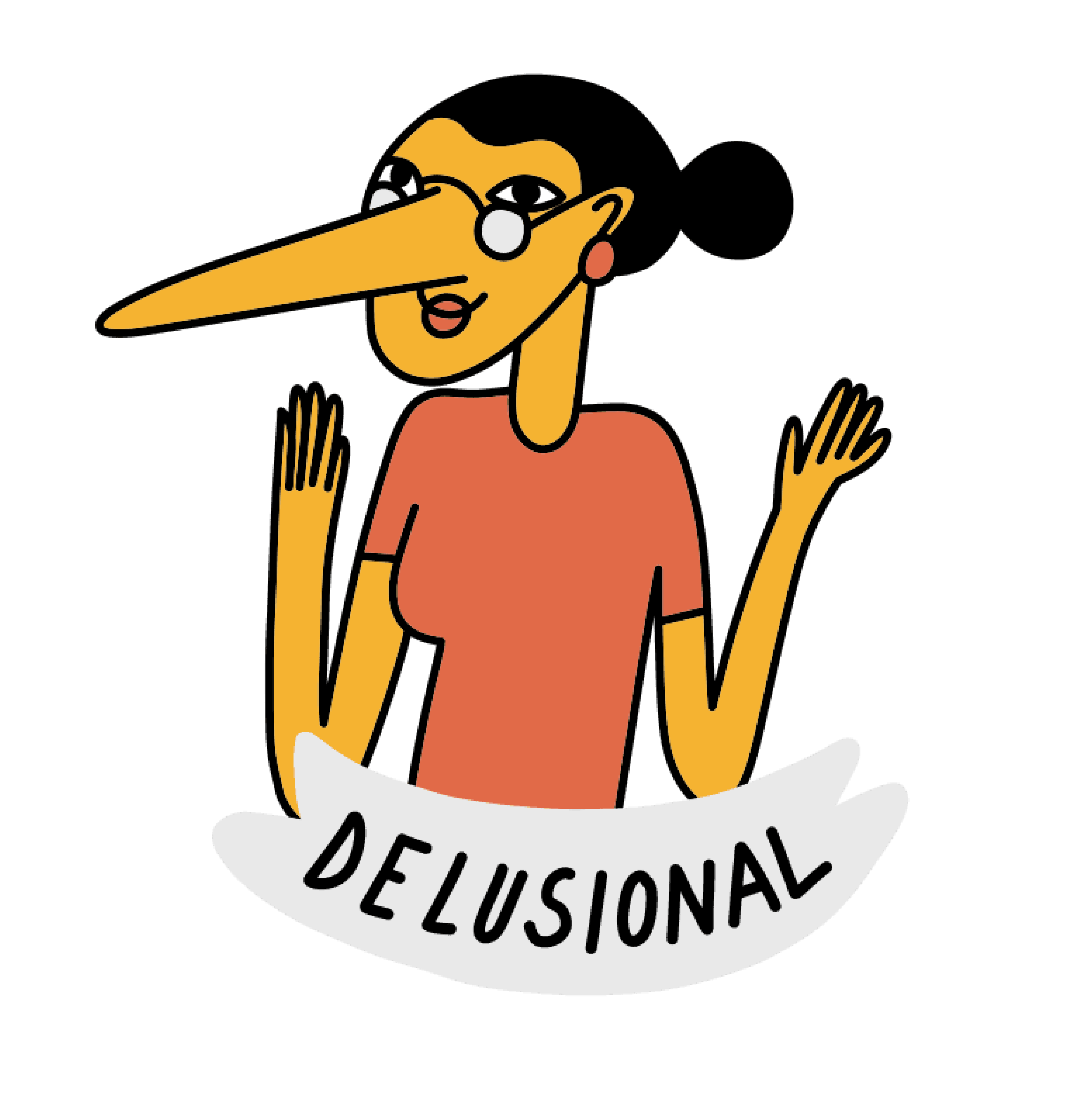 Woman with pinocchio nose, lying to herself about the facts