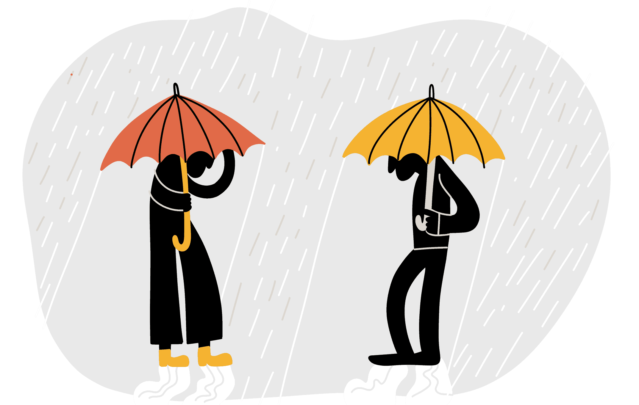 Two unhappy people greeting each other in the rain, telling white lies about how their day is going