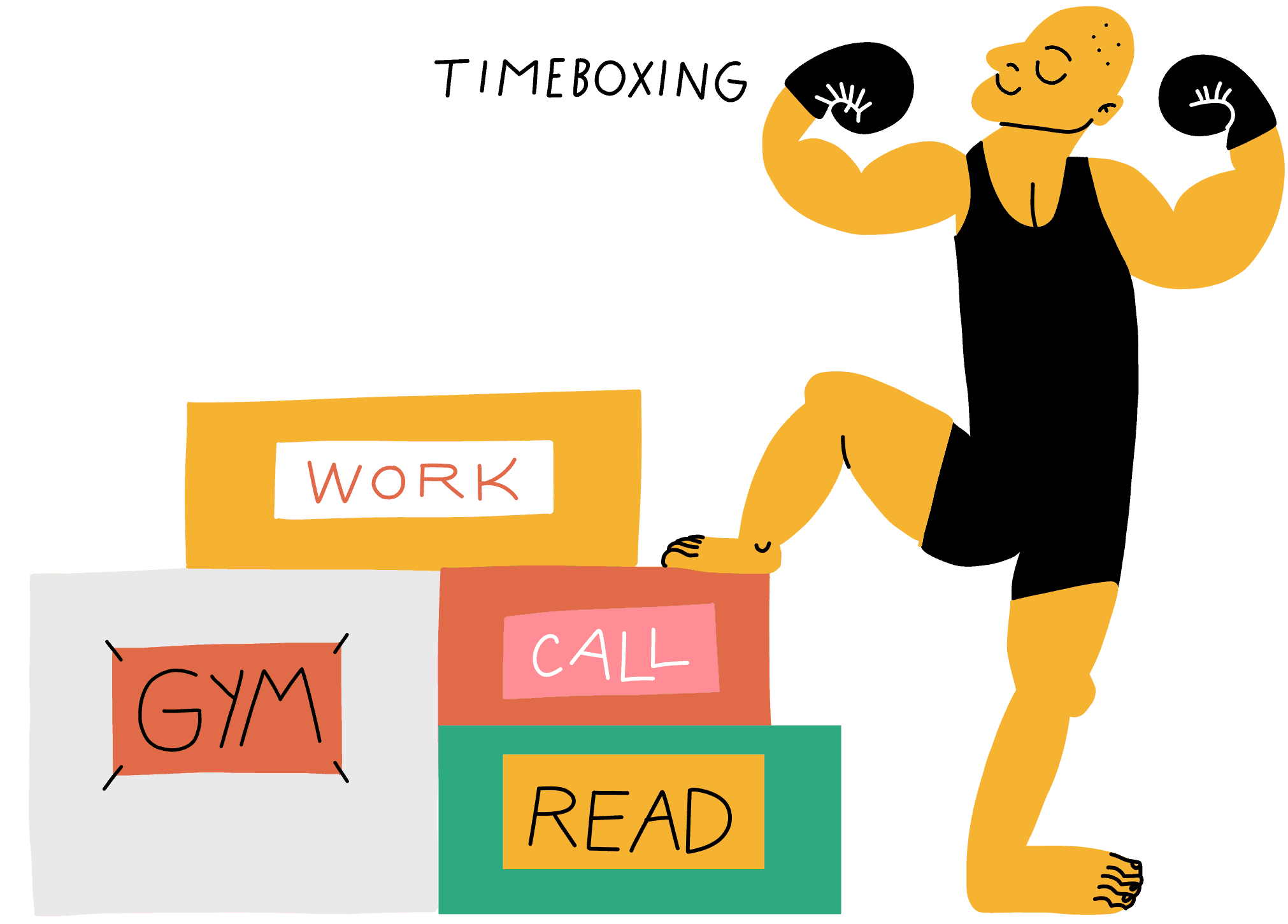 A man standing next to boxes containing his time allocations: work, gym, reading, etc.