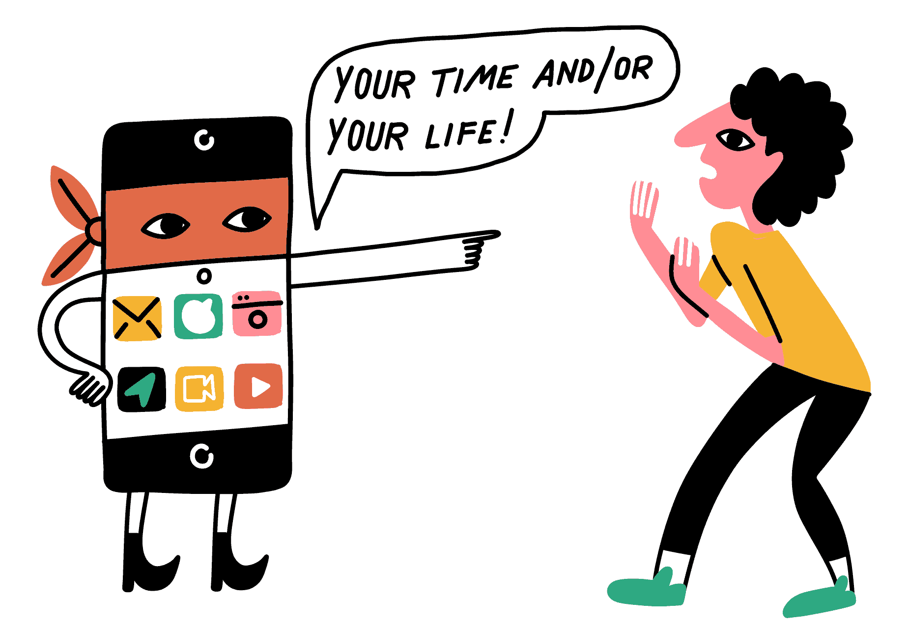 Cartoon of a cell phone as a bandit demanding woman’s time and/or life