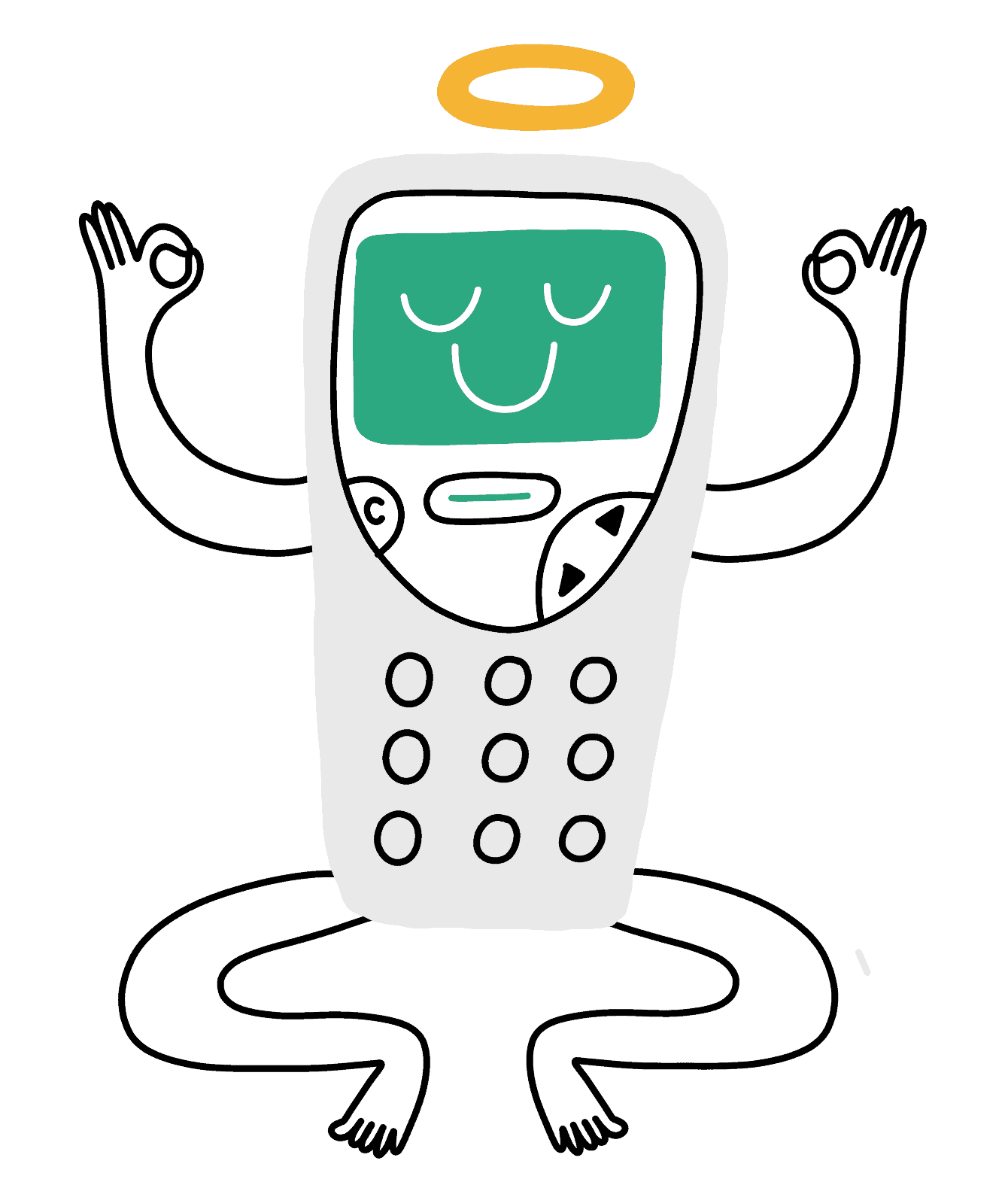 Cartoon of cell phone reaching nirvana, with only positive impacts and no downsides