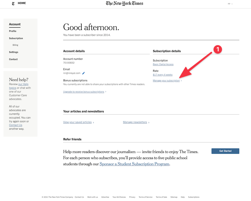 First screen when trying to unsubscribe from the New York Times: Manage Your Subscriptions