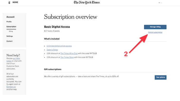 Second screen when trying to unsubscribe from the New York Times: Cancel Subscription.