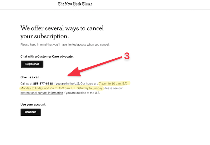 Third screen when trying to unsubscribe from the New York Times: Chat or Call