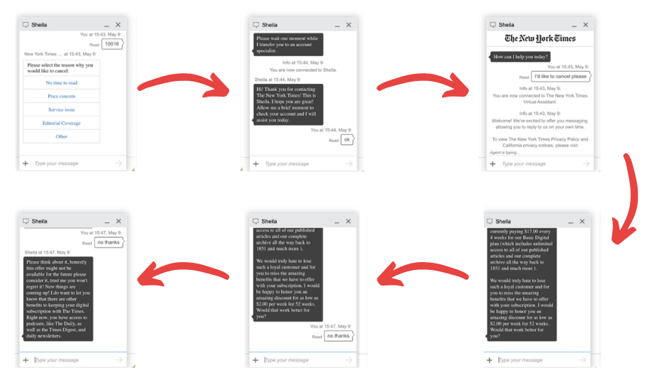 Chat transcript on New York Times website where rep tries to dissuade customer from unsubscribing.