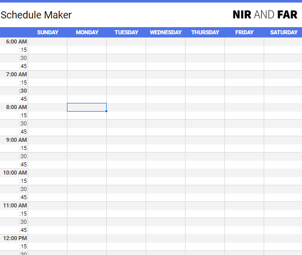 Empty schedule with 15-minute time slots.