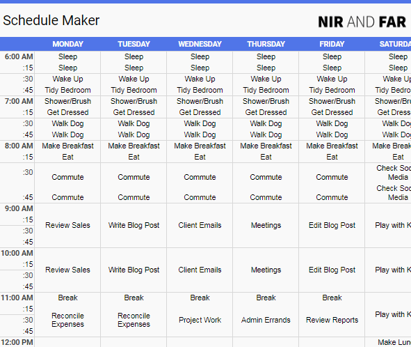 Detailed schedule with 15-minute increments.