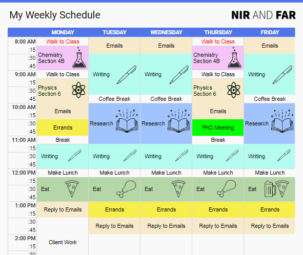 Fancy timeboxed schedule with colors and icons.