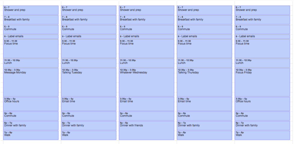 Timeboxed weekly calendar created with a schedule maker