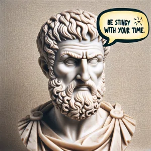 Bust of Seneca with word bubble saying to be stingy with your time