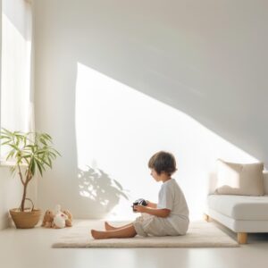Child playing with video game controller in bright, airy room