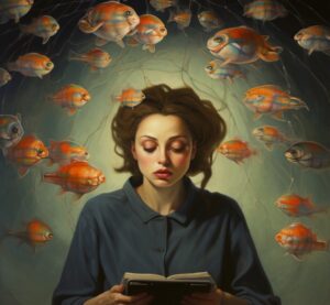 Woman concentrating on reading while distracting fish swim around her head