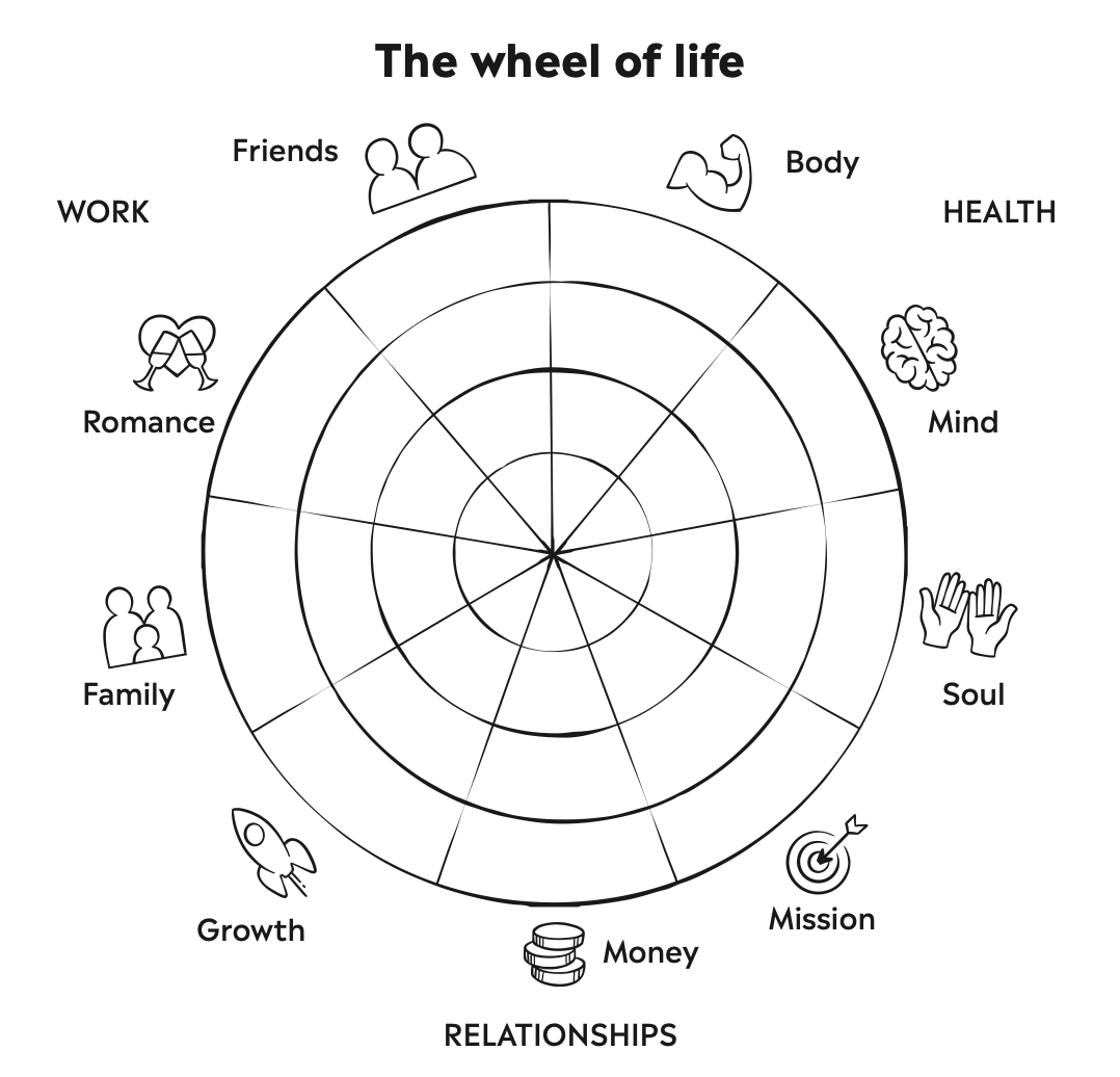 Wheel with satisfaction levels for 9 sectors within 3 categories: relationships, work, and health