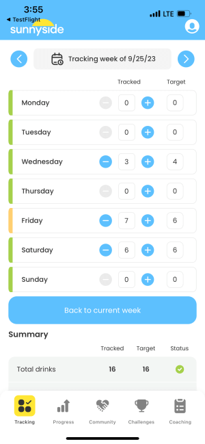 Sunnyside app screenshot: plan tracking