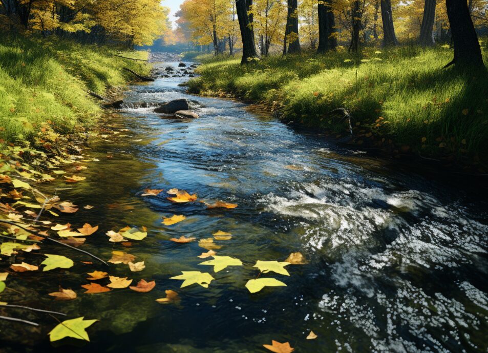 Green and brown leaves floating down a gentle stream, a technique to master your emotions and be your best self